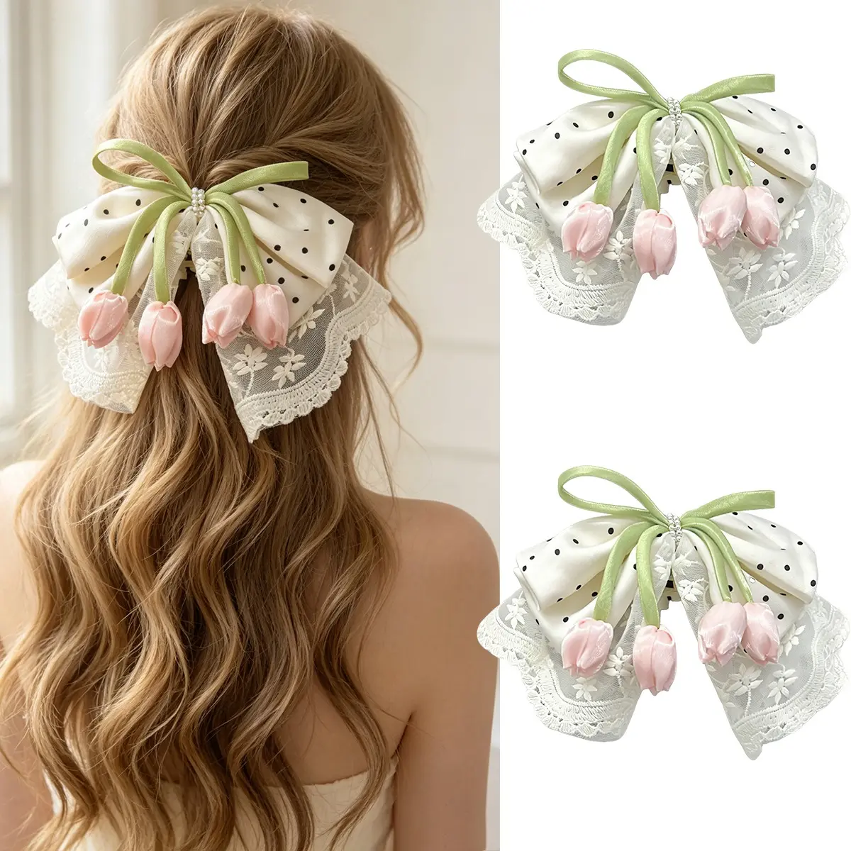 AWAYTR 2Pack Tulip Flower Lace Bow Hair Clip for Women Elegant Polka Dot Big Bow Hair Barrettes Cottagecore Hair Accessories for Daily Wear Wedding Birthday Party Gifts