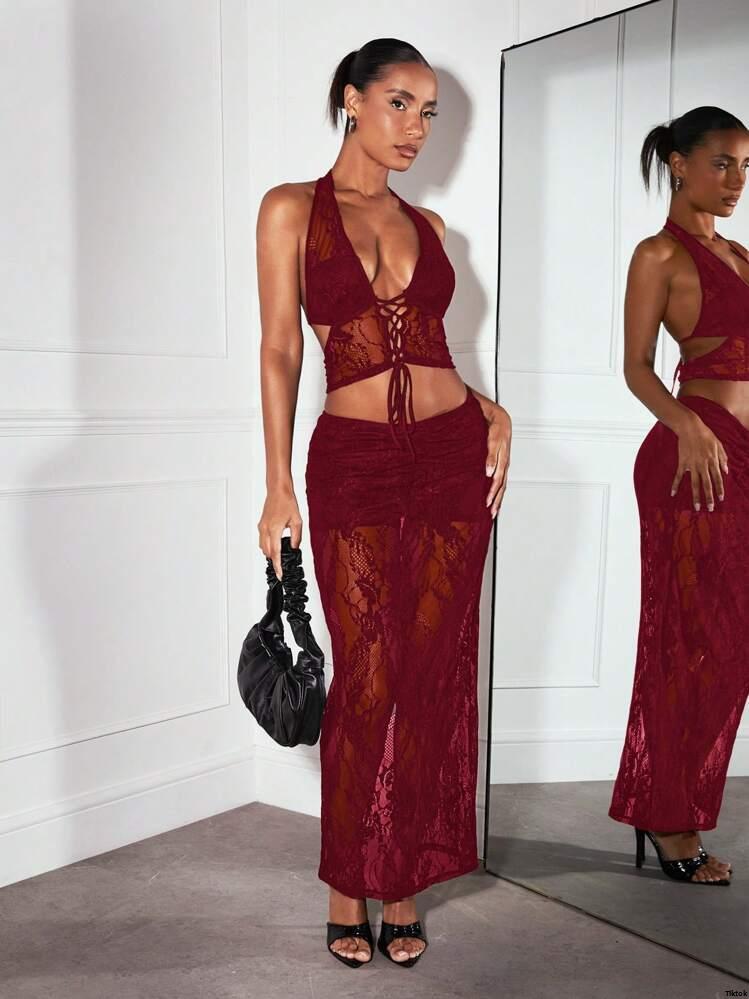 SexyWomenPartyAfternoonTeaOutfit ElegantLaceLongBeachDress tiktokBAEBlackSheerLaceHalterCriss - CrossBandageCorsetTop LowRiseLaceSkirt Music ConcertFestivalOutfit