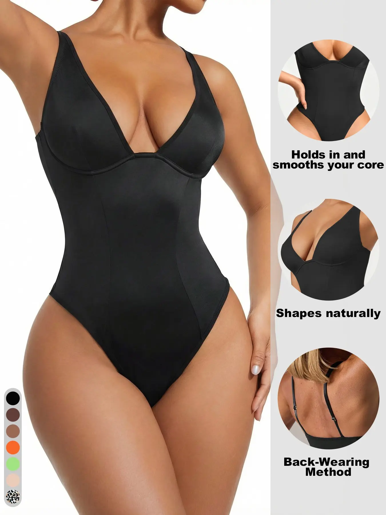 Women Basic Deep V Underwire Faja Shapewear Bodysuit, Adjustable Spaghetti Strap, Tummy Control Curve Hugging Compression Smooth Shapewear, Casual All-Season Wear