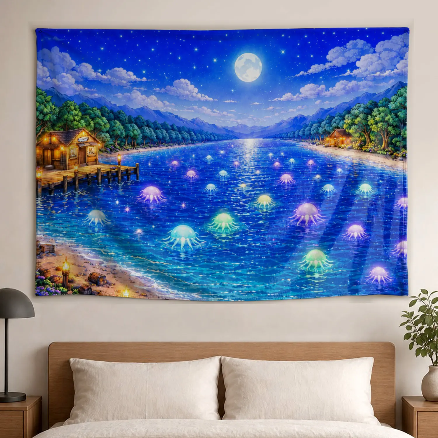 Glowing Jellyfish Lake Night Scenery Wall Tapestry - Multi-Size Large Horizontal Polyester Colorfast Artwork, No-Installation Wall Decor Decoration for Living Room, Bedroom, Family Gift with High-Def Print