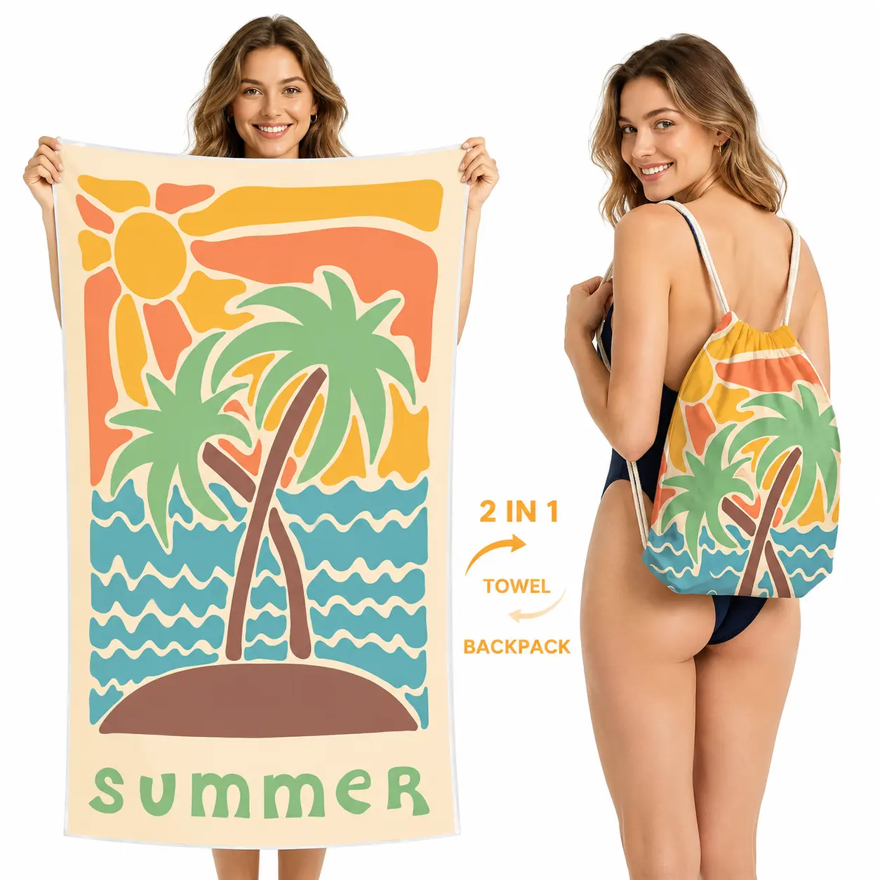 Sand Free Oversized Microfiber Beach Towel - Quick Dry, 2-in-1 Foldable Blanket with Drawstring Bag for Sunset Photo, Casual Beach Trip, Multi-purpose Travel Camping