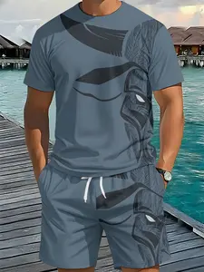 Two-piece set featuring grey-black feathery beast shadow 3D digital print, 2Pcs, trendy fashion suit, vintage casual two-piece outfit, stylish vacation wear, breathable sport casual style, an ideal festive gift for men