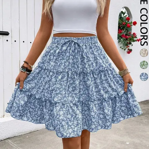 Women's Ditsy Floral Layered Midi Skirt, Adjustable Drawstring Elastic Waist, Flowy Ruffle Hem, Feminine Casual Elegant Design, Perfect for Daily Wear, Floral Skirts