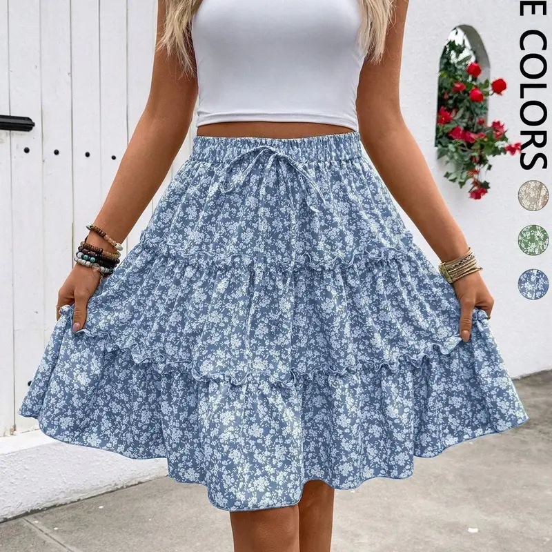 Women's Ditsy Floral Layered Midi Skirt, Adjustable Drawstring Elastic Waist, Flowy Ruffle Hem, Feminine Casual Elegant Design, Perfect for Daily Wear, Floral Skirts