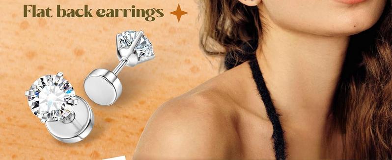 CASSIECA 20G Hypoallergenic Flat Back Earrings for Women Men Silver Stainless Steel Stud Earrings Brithstone Cubic Zirconia Studs Surgical Steel Cartilage Earrings for Sensitive Ears