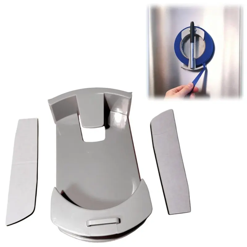 Wall-mounted label tape dispenser with pen slot, allowing for one-handed cutting of masking tape, suitable for date labels on food containers and food storage room organization.