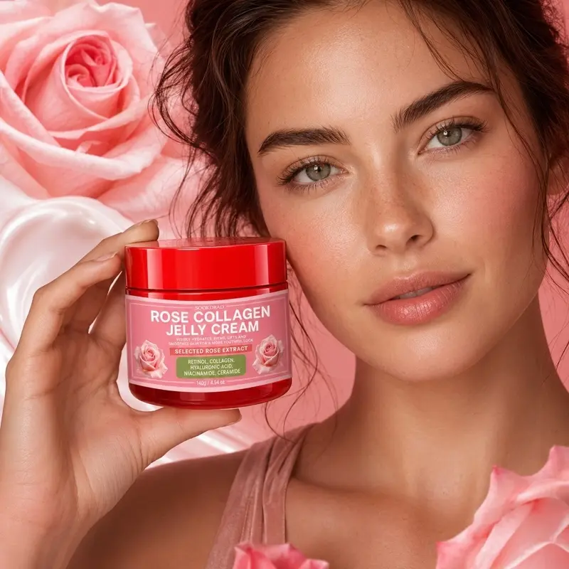 Rose Collagen Jelly Cream, Selected Rose Extract, Retinol, Collagen, Hyaluronic Acid, Niacinamide, Ceramide, Hydrating, Firming, Lifting, Smoothing, For Youthful Skin, All Skin Types, 140g/4.94oz