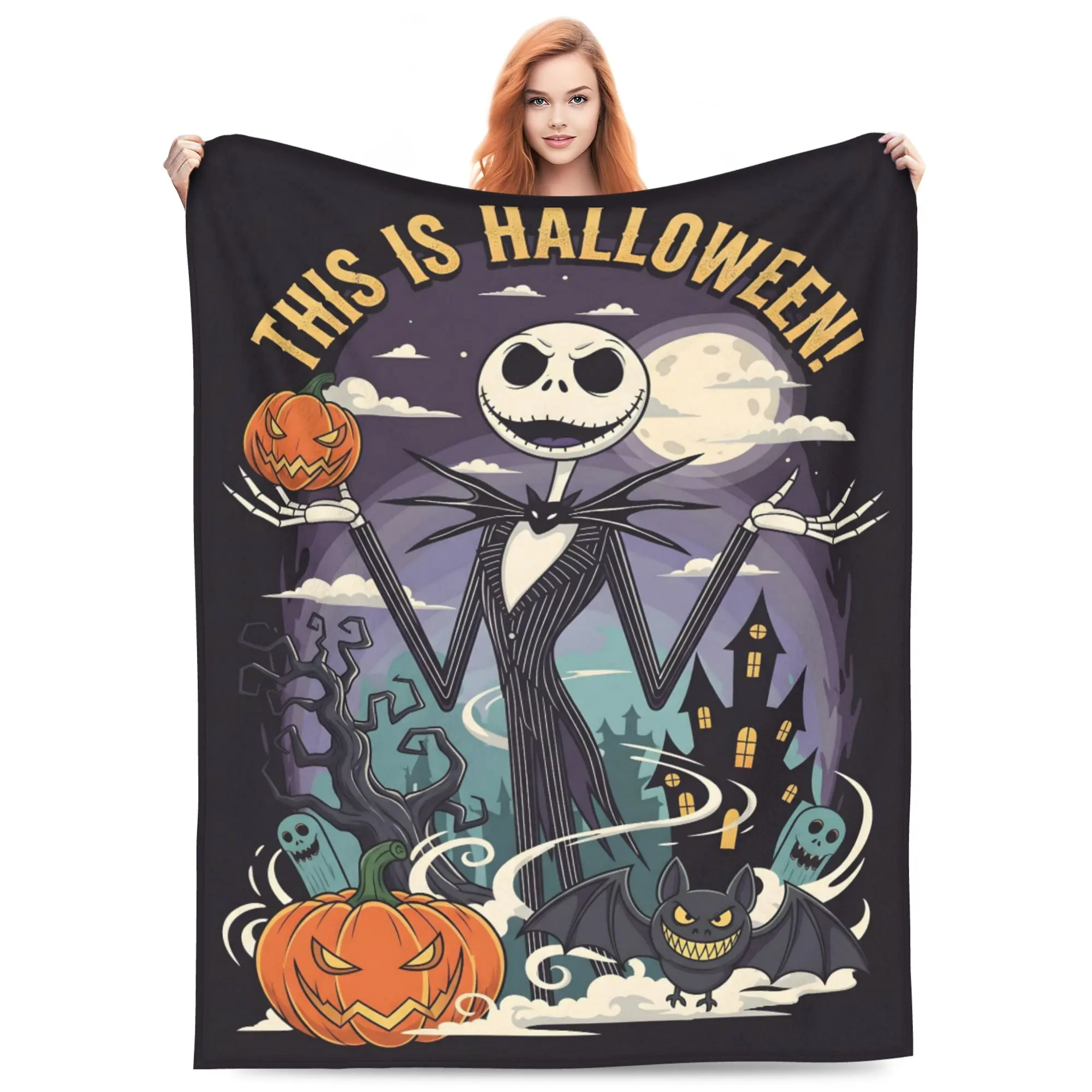 DISNEY Classic Nightmare Before Christmas Jack Skellington Flannel Cozy Throw Blanket - Whimsical Home Decor for Home - Features Jack, Pumpkin, Full Moon, Haunted House, Bats, Twisted Trees - Soft Gift for Fans, Ideal for Room & House Decor, Room Decor, C