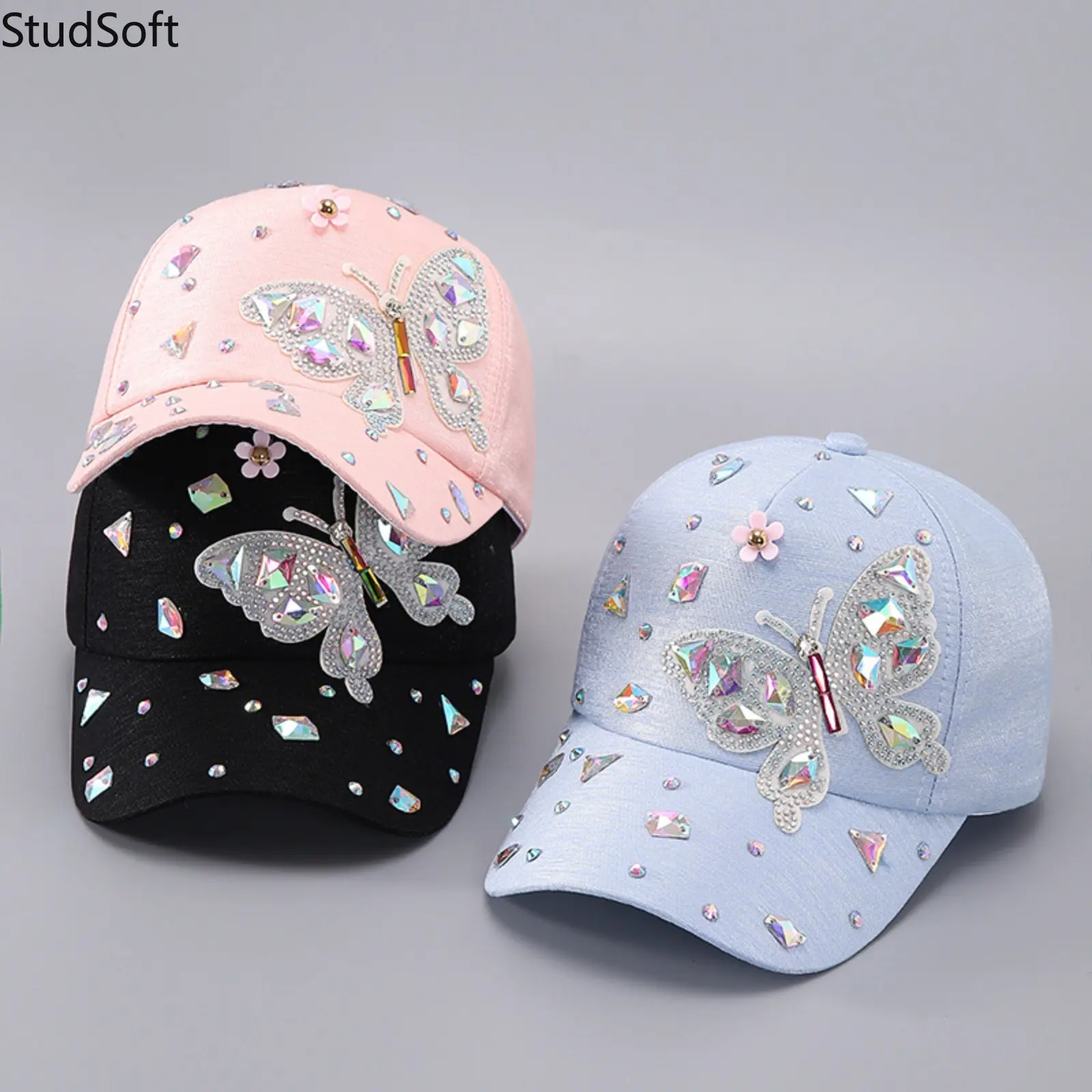 Womens Denim Baseball Cap Y2K Rhinestone Butterfly Adjustable Snapback Hat Bling AB Crystal Sun Visor Girly Hip Hop Headwear For Summer Travel