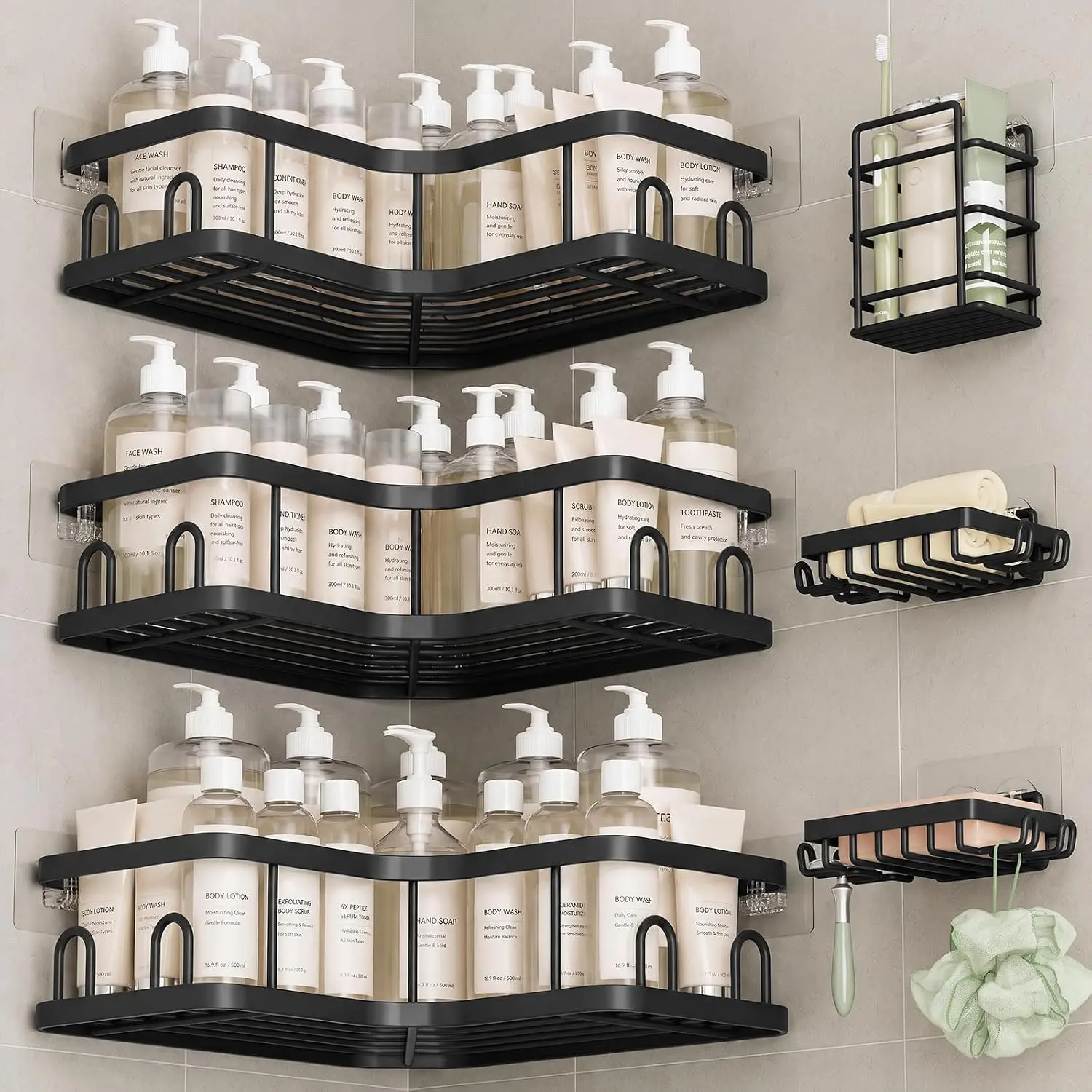 Corner Shower Caddy 6-Pack, Advanced Rustproof Design, No Drilling Adhesive Shelves, Rack with Soap Holder, Large Capacity Bathroom Organizers and Storage, Wall-Mounted Kitchen&Home Decor,Black