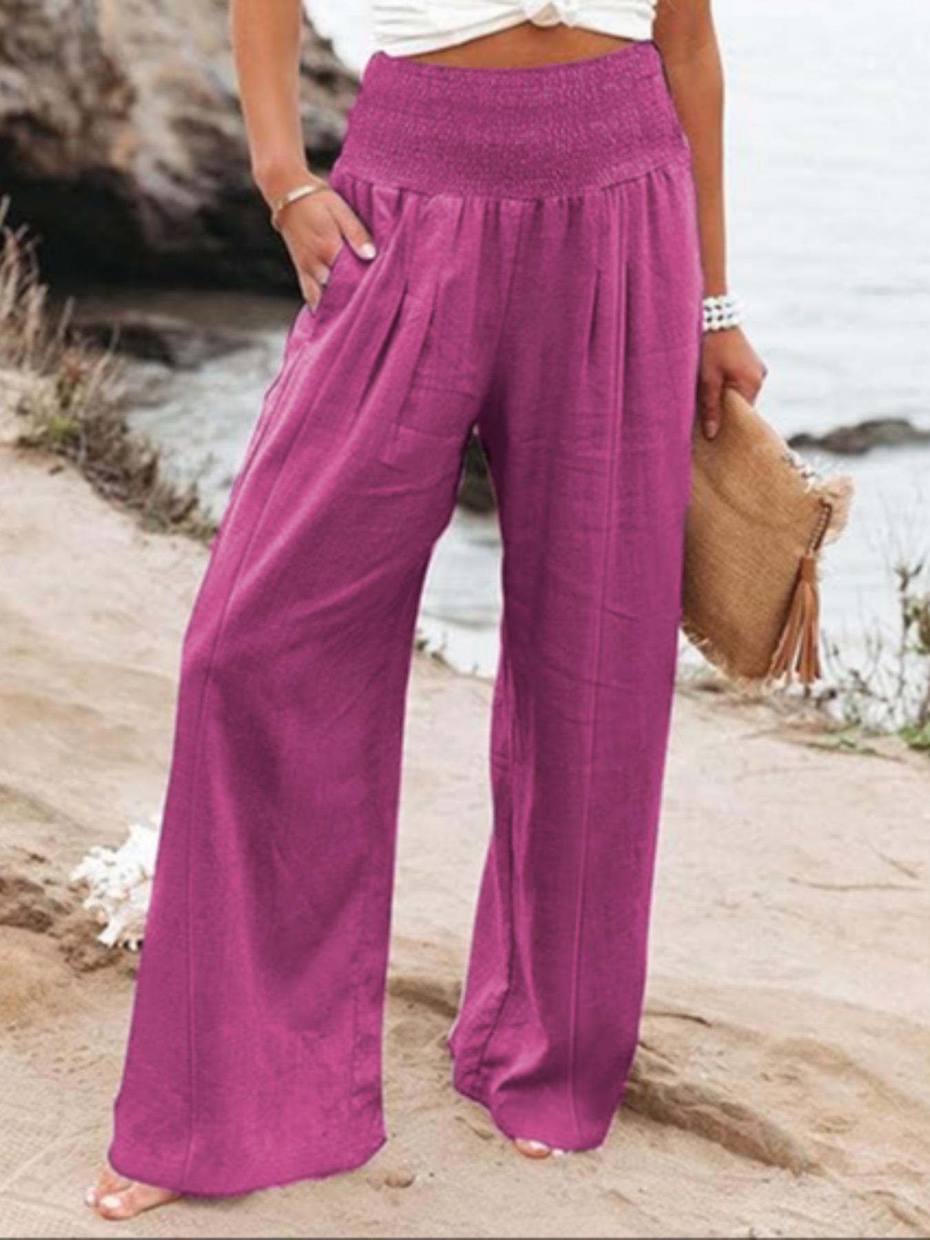 Women's Solid Shirred Wide Leg Pants, Casual Comfy Pocket Trousers for Daily Wear, Ladies Bottoms for All Seasons, Casual Lounge Pant