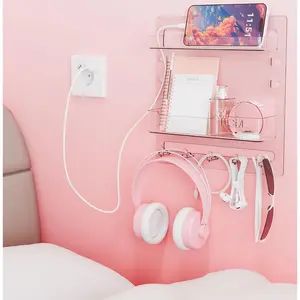 Yieach Bedside Shelf for Dorm Bed,Rv,Small Room and Nightstand,Wall Mounted Floating Shelves and Bedside Wall Organizer for Remote,Phone Holder,Charging Shelf,Cute Bedroom Decor for College Girl,Clear