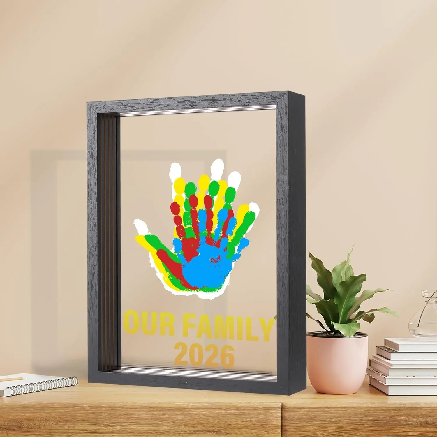 Baby Handprint & Footprint Keepsake Kit with Wooden Frame, 5 Non-Toxic Paints – DIY Craft Gift for New Parents, Adoption, Christmas, New Mom (Black)(Gift)