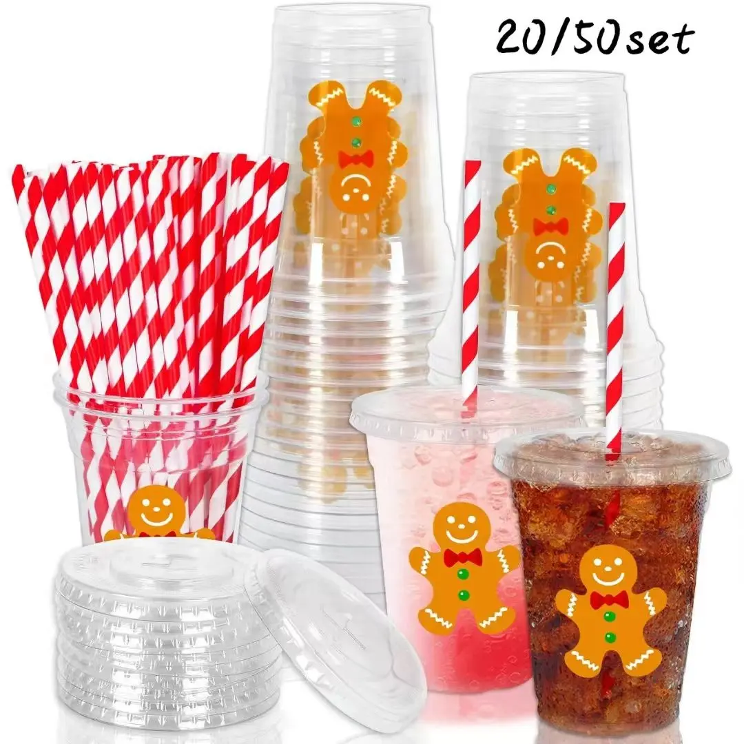 20/50 Piece Christmas Gingerbread Cup Set, Disposable Plastic Cups with Lids and Straws, 12oz Party Cups for Holiday Events