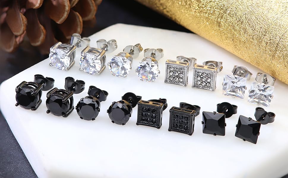 8 Pairs Hypoallergenic Stud Earrings Set | 316L Stainless Steel | Sensitive Ears Friendly | Unisex Jewelry 3-8mm (Silver & Black)