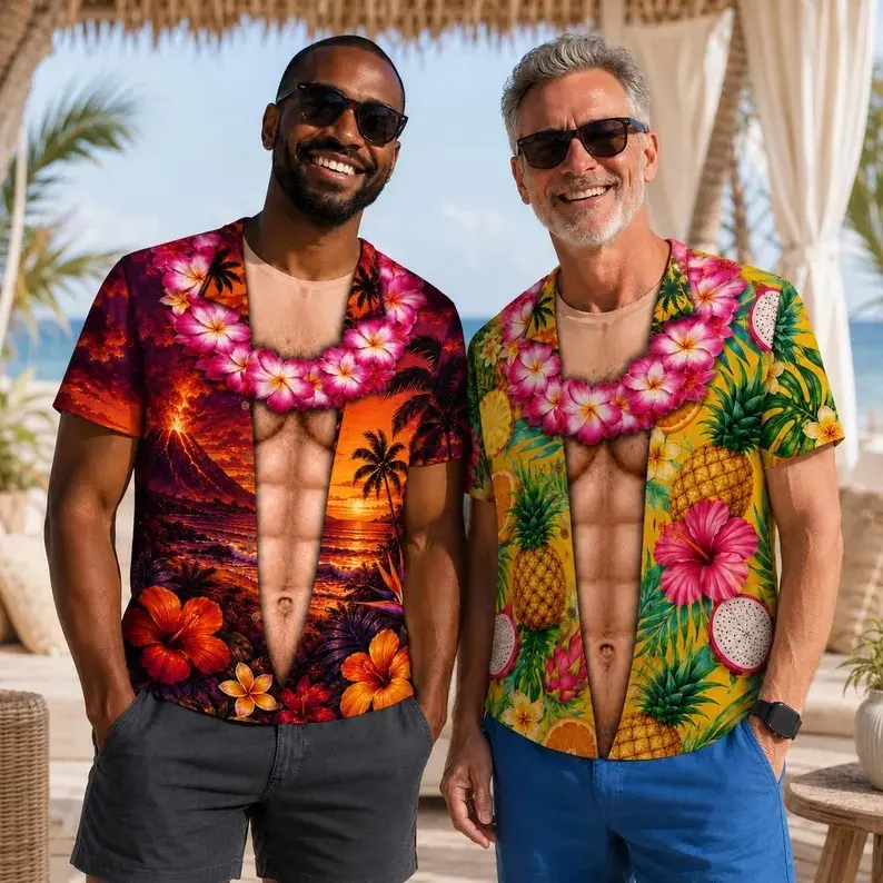 Funny Hawaiian Shirt Men, Muscle Body Fake Chest Shirt, Custom Tropical Beach Shirt, Bachelor Party Gag Gift, Hairy Chest Costume Tee
