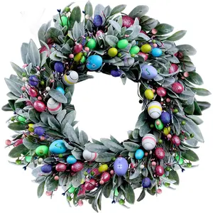 22'' Easter Wreaths for Front Door, Spring Door Wreath with Pastel Eggs, Glitter Eggs, Berries & Silk Lambs Ear Leaves, Artificial Easter Decor Garland for Indoor Outdoor Porch Wall Home Decorations
