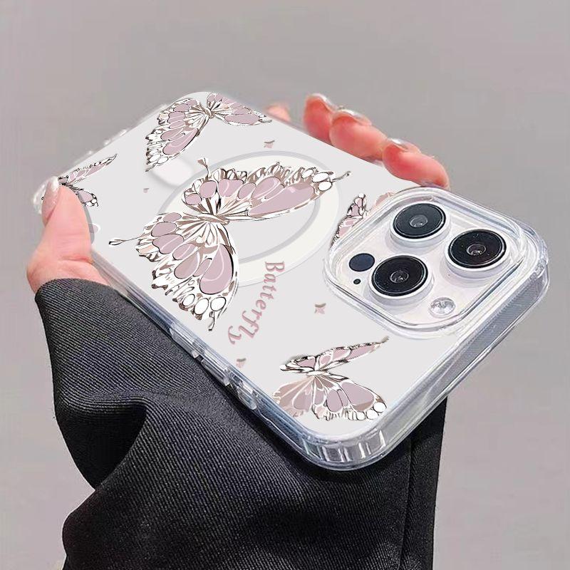Premium Magnetic Case for iPhone12/13/14/15/16/17promax The product features a butterfly pattern design, magnetic closure, and is drop and shock resistant