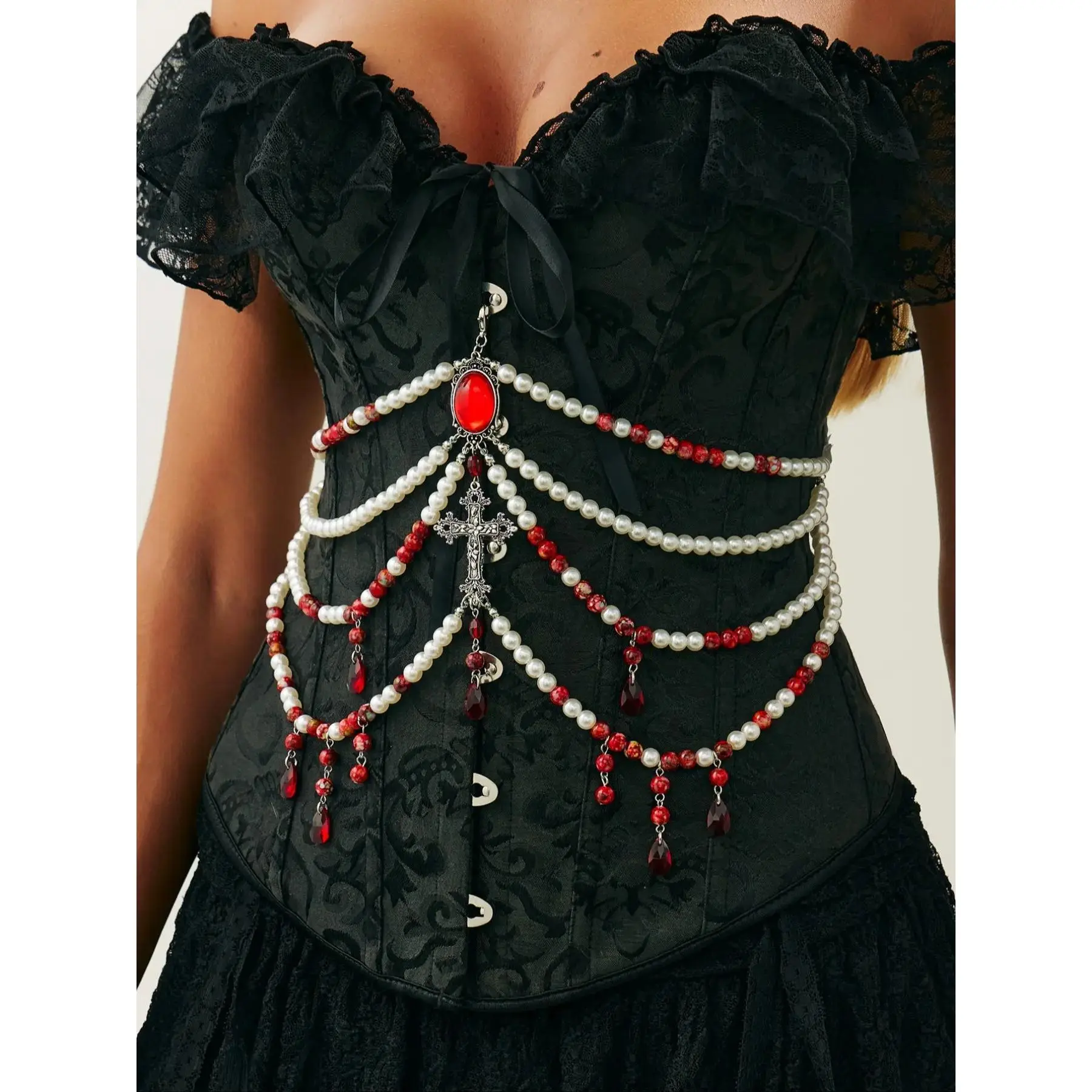 Halloween Costume Jewelry Set, Vintage Gothic Beaded Crystal Body Chain, Metal Cross Pendant Multi-Layer Tassel Waist Belt Accessories Waist Chain Accessory Waist Beads