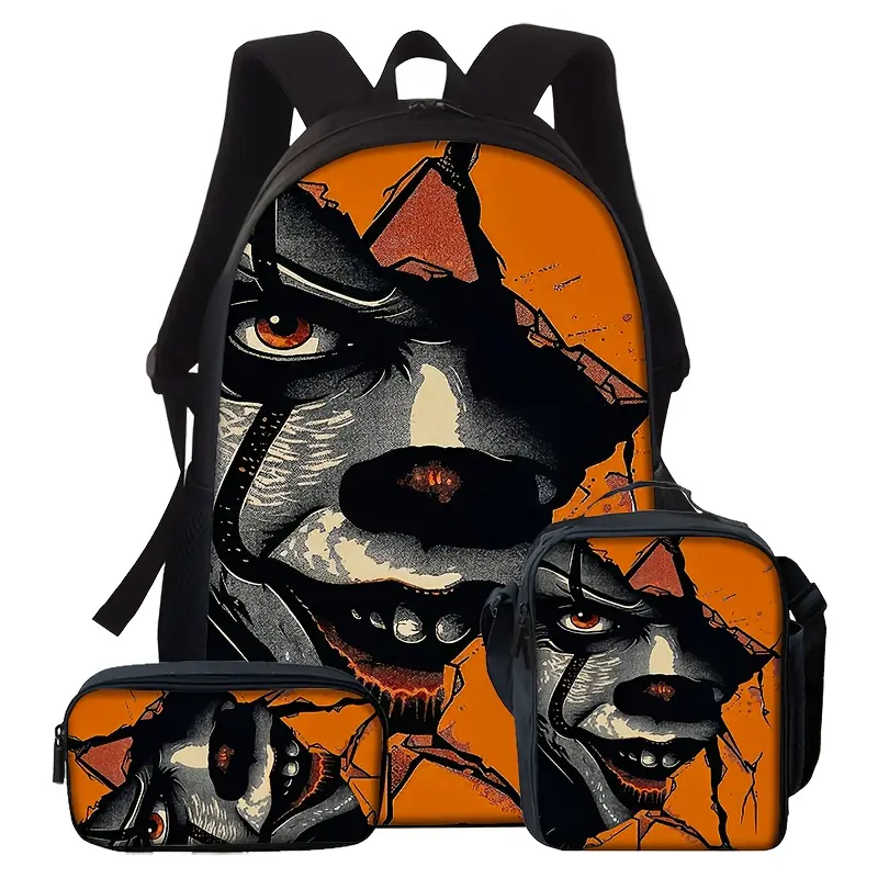 Horror Theme 3-Piece Backpack Set Pack for Fans, Durable Water-Resistant Scratchproof School Bag with Zipper, Orange Cracked Background Pennywise Clown Face Print, Includes Large Rucksack, Thermal Lunch Tote & Stationery Pouch