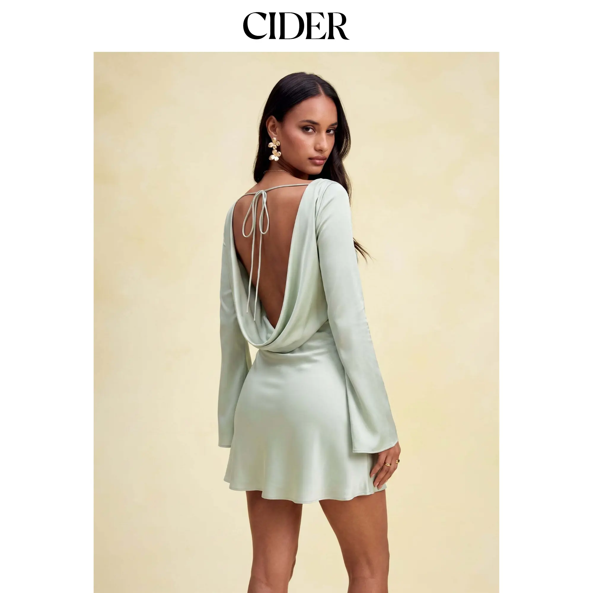 Cider Satin Boat Neck Bell Sleeve Backless Mini Dress