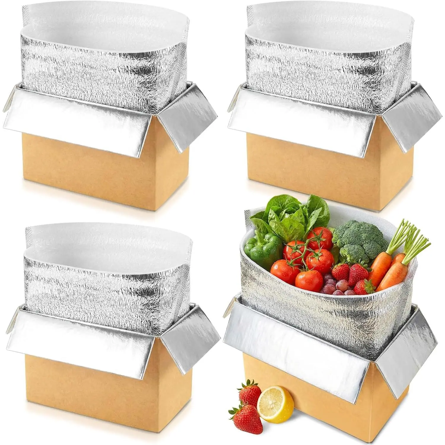4 Pack Insulated Shipping Boxes with Foil Liner Bags, Reusable Thermal Cooler Mailing Cartons for Cold Pack Shipping, Hot & Frozen Food Delivery, 12''x5.5''x7.5''