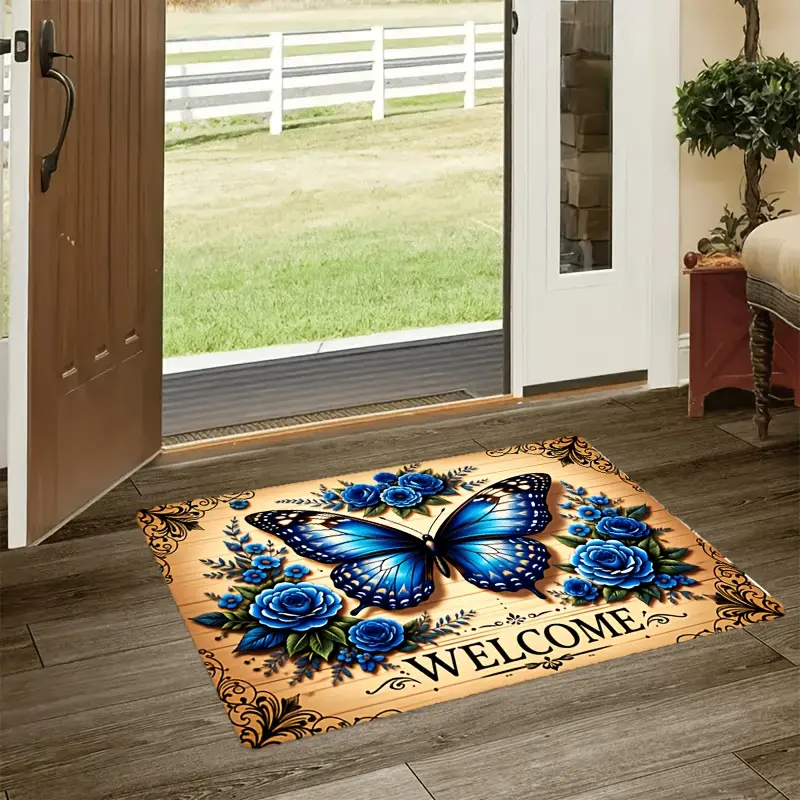 1pc Blue Butterfly Floristry Welcome Mat - Non-slip Polyester Home Outdoor Accessories, Easy-to-Clean Festive Decor, Suitable for Entryways, Bathrooms, Perfect Gift