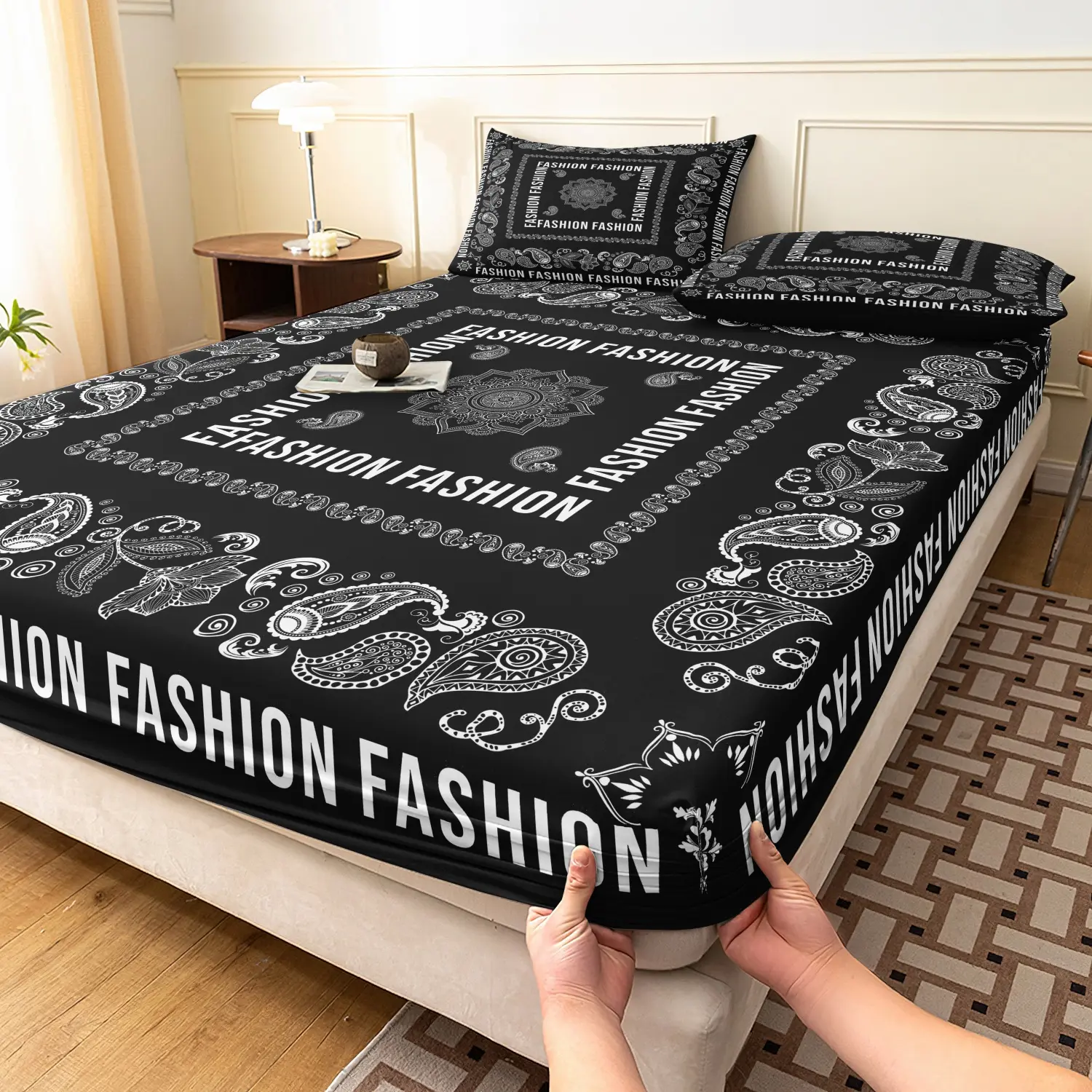 3 Pieces Trendy Paisley Bandana Print Fitted Sheet Set, Black White Square Border Fashion Letter Floral Print Bedding, Urban Street Style Home Textile For Bedroom Decor (1 Fitted Sheet + 2 Pillowcases, No Pillow)