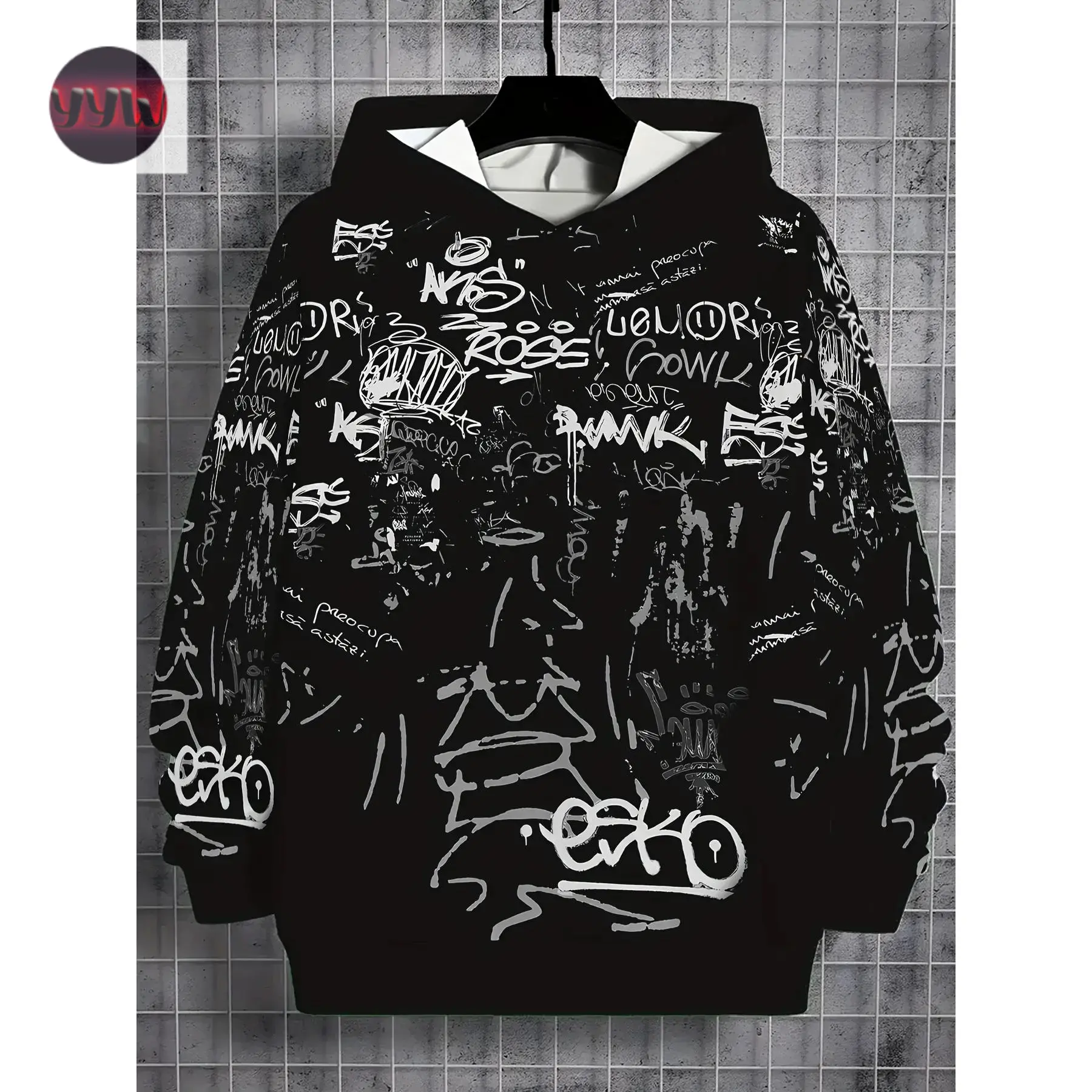 YYW1 Boys' 3D Printed Casual Hoodie - Black with White Graffiti Design, Long Sleeve Pullover & Fall, Outdoor Singing Shirt, Polyester, Regular Fit, Casual Wear Hoodie |       Graffiti Print Hoodie |       Polyester Hoodie, Boy Hoodie