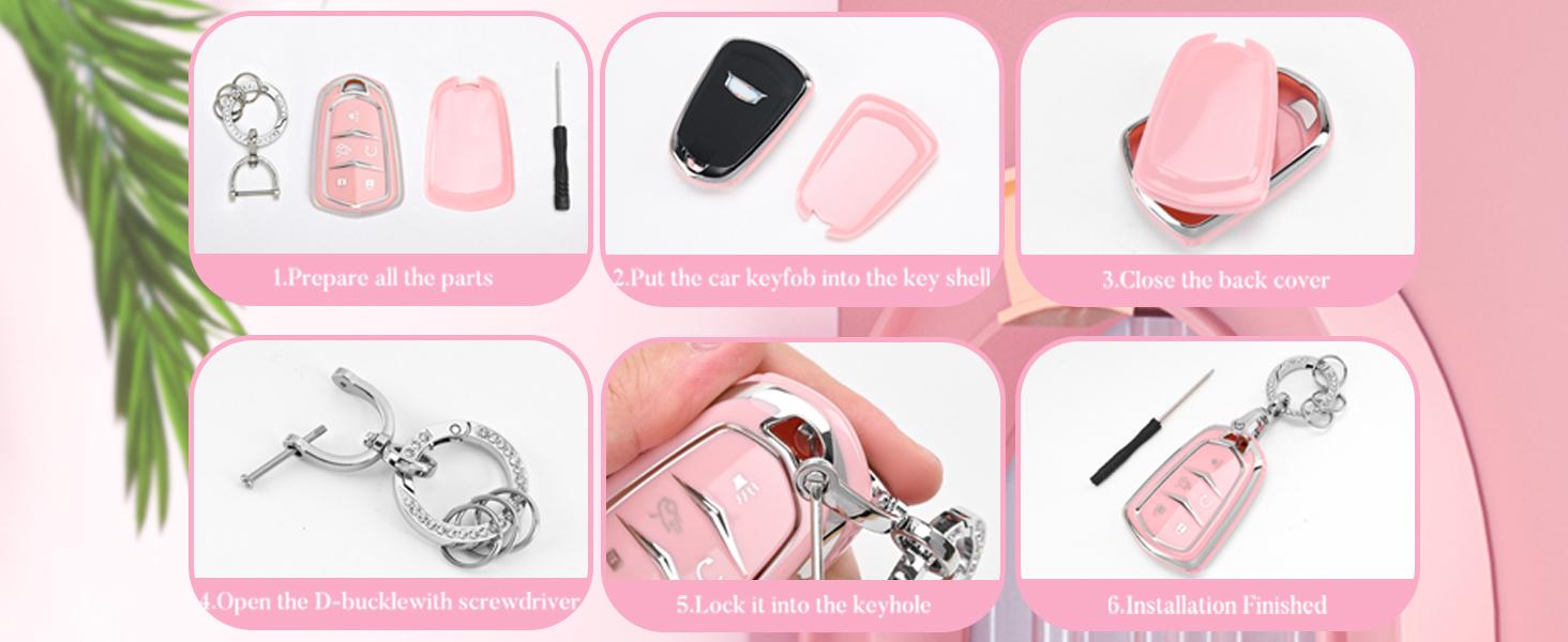 for Cadillac Key Fob Cover - Soft TPU Key Case Protection with Bling Keychain Fit for Cadillac Escalade CTS SRX XT5 ATS CT6 5 Buttons Smart Key Case