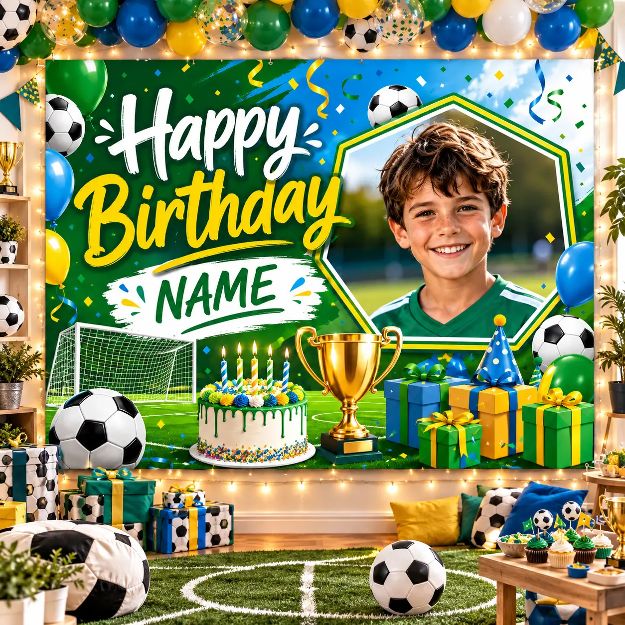 Customizable Hangable Photo Insert Soccer Birthday Backdrop Decor - Soccer-Themed Festive Backdrops & Banners, Green-Blue Goal Trophy Cake Gift for Kids' Party Sports Photo Booth