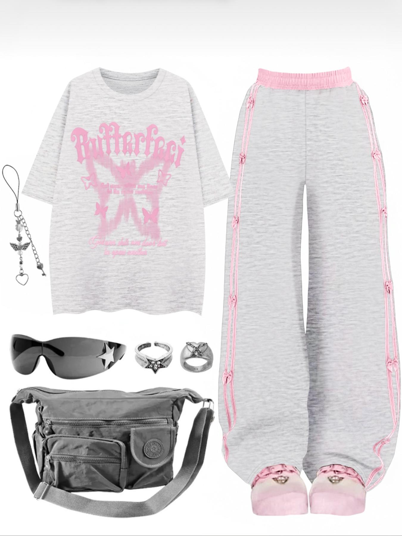 Women's Butterfly Print Tee & Pants Set, Casual Round Neck Short Sleeve T-shirt & Trousers, Ladies Clothes for Daily Wear, Whimsy Goth Outfits, Womenswear, Summer Outfits Set, Casual Formal Set, Matching Sets, Casual Lounge Set