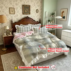 (1 duvet cover+2 pillowcases, coreless),3-Piece Polyester Duvet Cover,Retro Grey Check Pattern,Bedding Set With Bed Skirt, Machine Washable, Anti-Shrink & Anti-Deformation, Multi Scene Use For Bedroom, Dorm & Student Accommodation