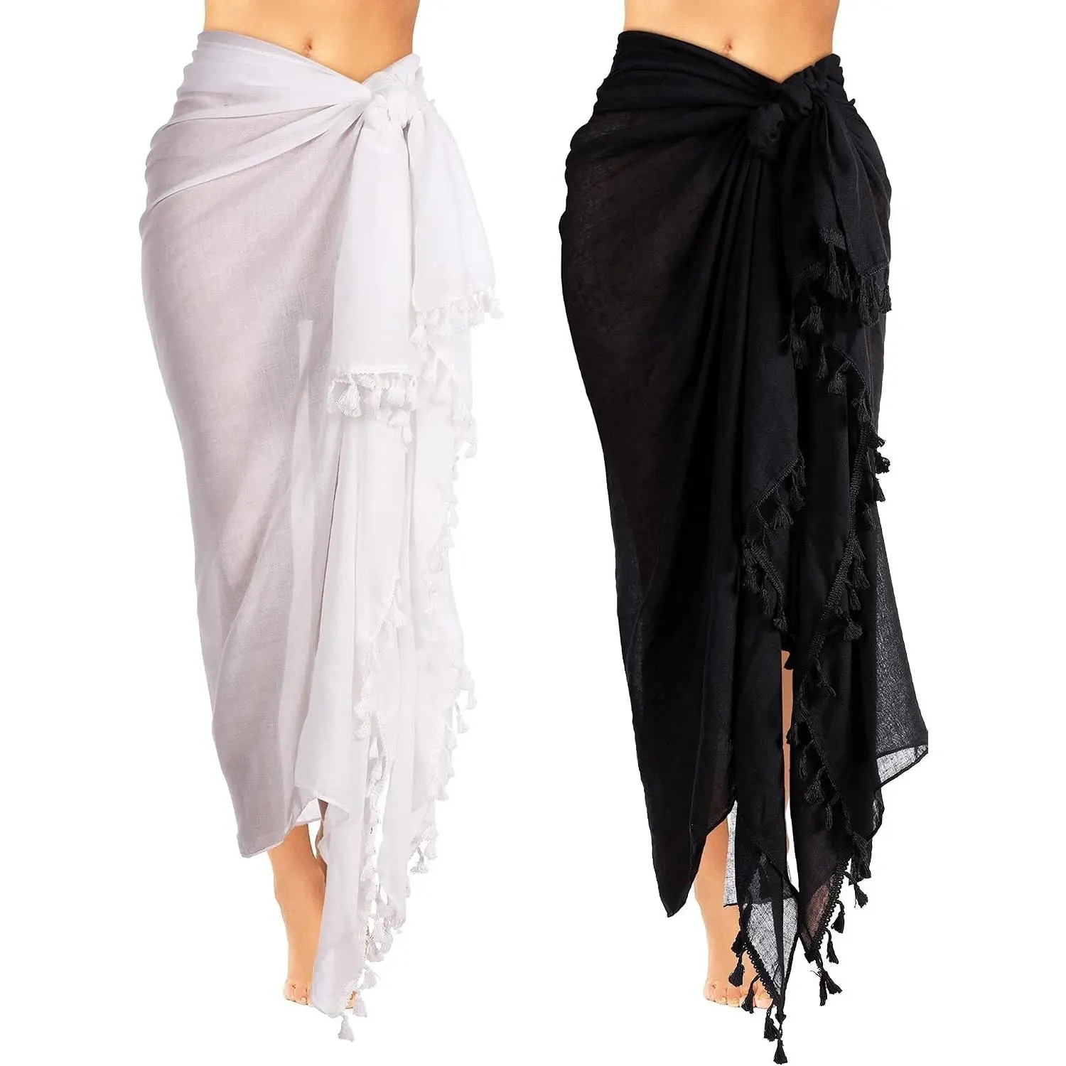 2 Pieces Women Beach Batik Long Sarong Swimsuit Cover up Wrap Pareo with Tassel for Women Girls