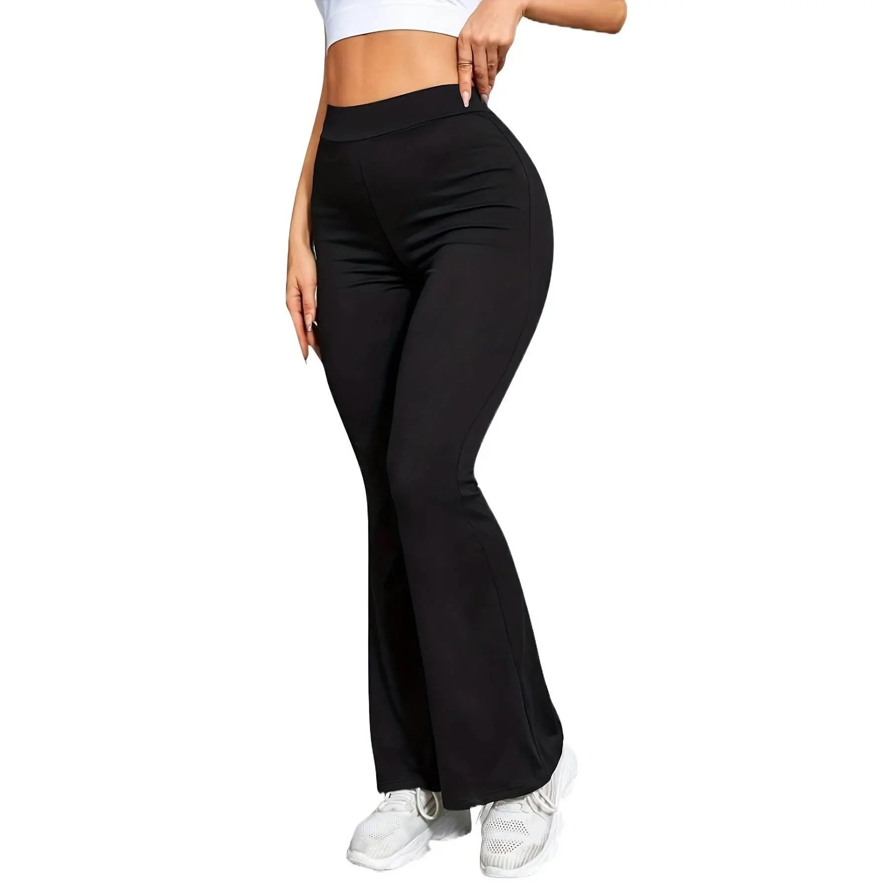 Women High Waist Flare Pants Solid Color Hip Lifting Stretch Trousers 4 Way Elastic Bottoms For Sports Casual Daily Wear