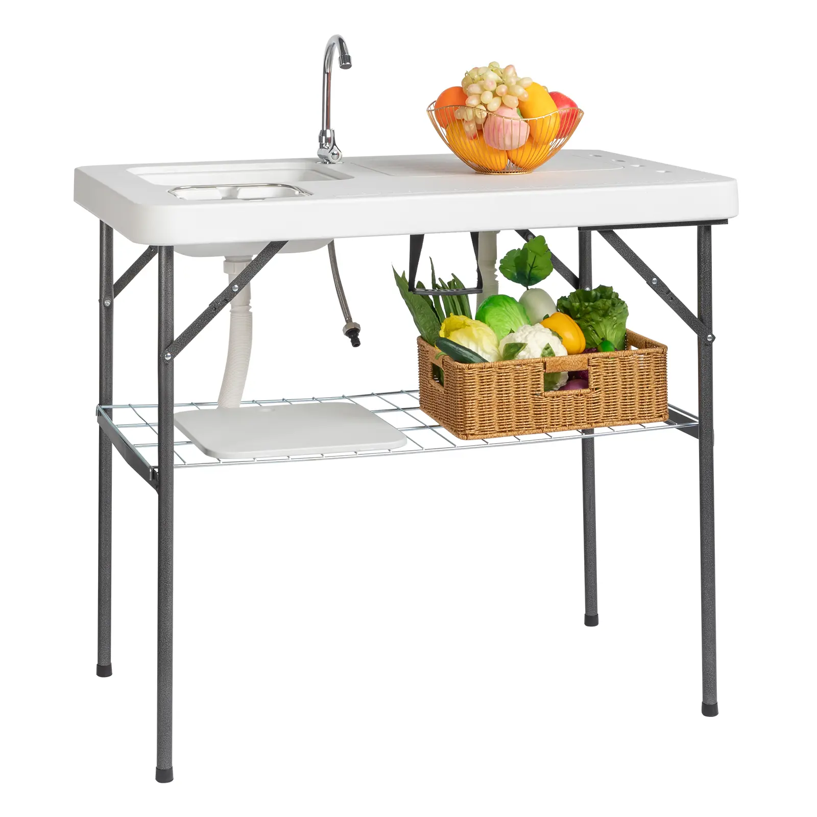 summerwins Outdoor Foldable Plastic Fish Cleaning Table - Heavy Duty HDPE, Portable Faucet, Convenient for Carry, Easy Clean & Store - Camping Kitchen Table for Campfire, BBQ Party, Foldable Plastic Table