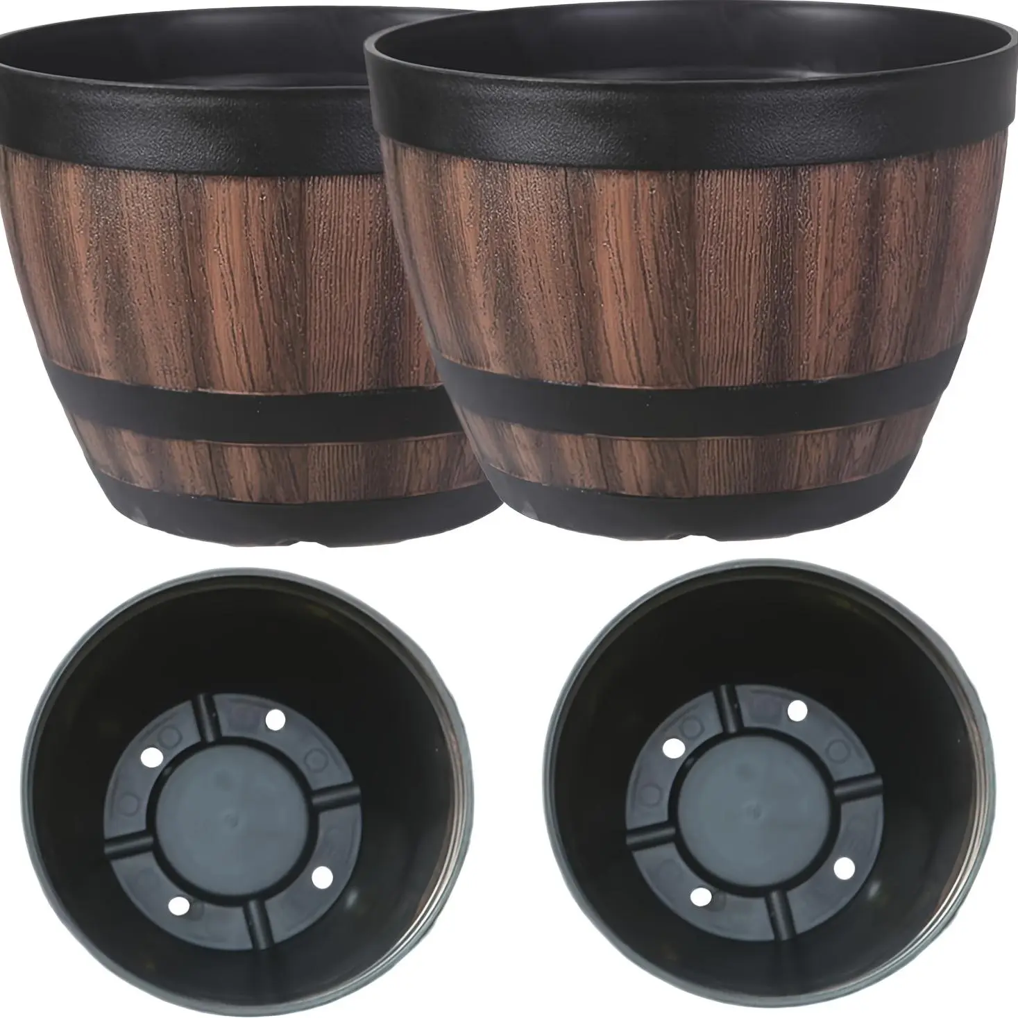 Retro Whiskey Barrel Design Garden Pot, 2 Counts/set Wooden Grain Plant Pot with Drainage Hole & Tray, Garden Supplies for Indoor and Outdoor Use