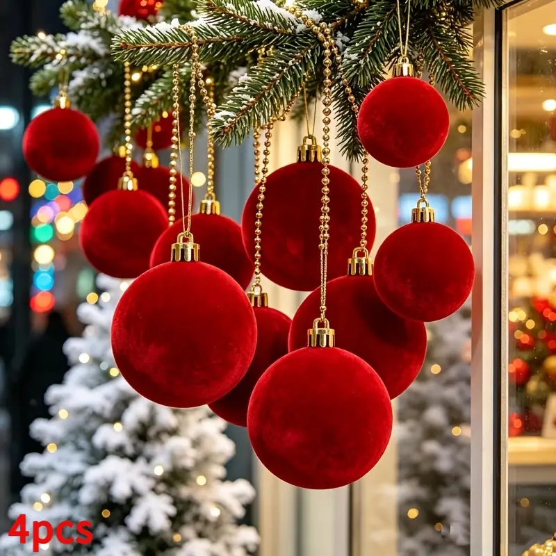 4pcs oversize 10cm wine red flocking Christmas ball gold hanging cover large velvet Christmas hanging ball Christmas tree window decoration hanging ball holiday scene layout pendant.