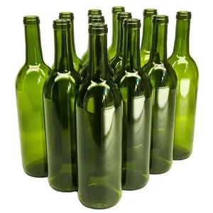 W5CG 750ml Glass Bordeaux Wine Bottle Flat-Bottomed Cork Finish - Case of 12 - Champagne Green