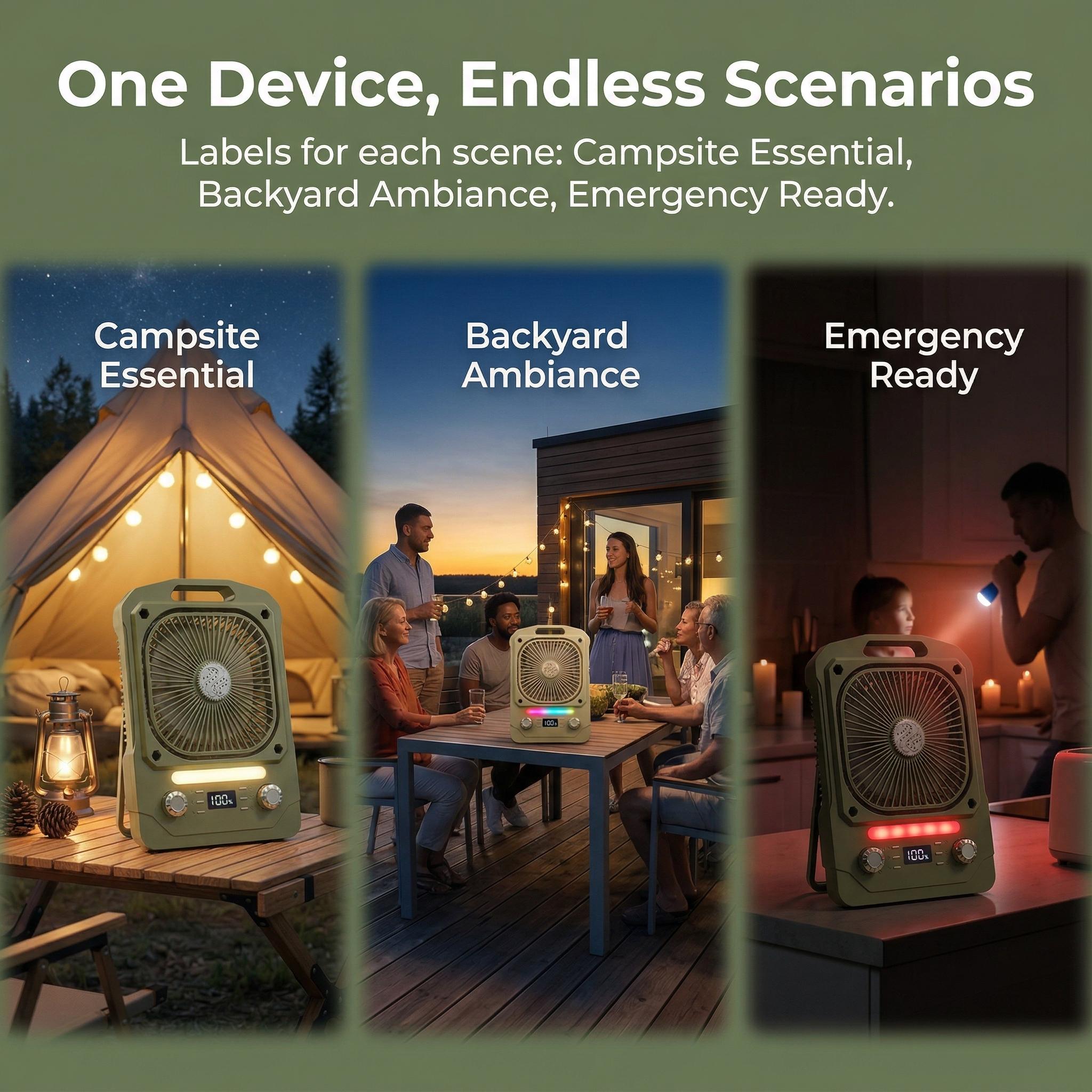 Fan + Speaker + Light in One Portable Camping Fan with 100 Speeds, Bluetooth Audio, SOS Light, Timer & Hanging Design Fan + Speaker + Light in One Portable Camping Fan with 100 Speeds, Bluetooth Audio, SOS Light, Timer & Hanging Design