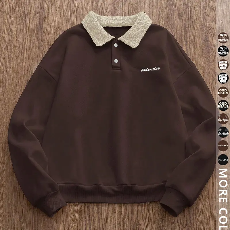 Men's Y2K Autumn Winter Thickened Long Sleeve Plain Fitted Casual Collared Retro Vintage British Style Aesthetic Lamb Wool Collar Polo Shirt, Unisex Elegant Casual Fashion, All Seasons Wear, Casual Polo Shirts, Menswear