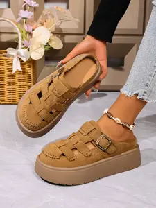 Women's Thick Sole Low Wedges Platform Fashion Comfort Slippers, Thick Soled Mules, Buckle Strap Design, Casual Single Shoe, Backless Style, Versatile Outdoor Wear