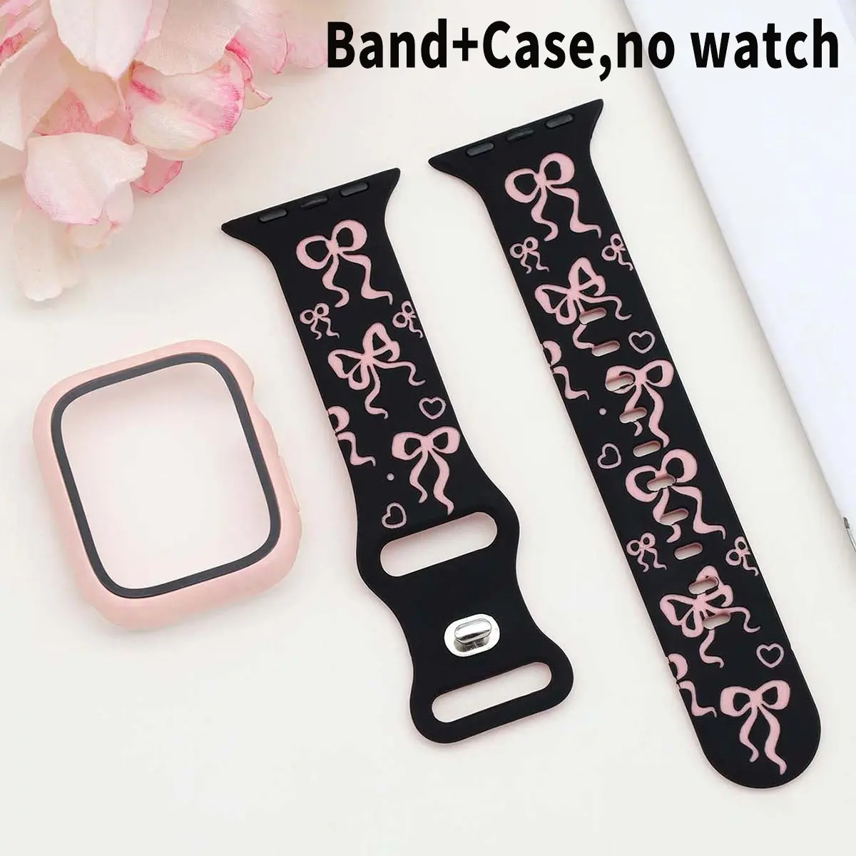 Butterfly Knot Dual Color Silicone Watch Band Case Set, Shockproof Protective Shell, Adjustable Breathable Screen, Fits Apple Watch S10-S8 Se