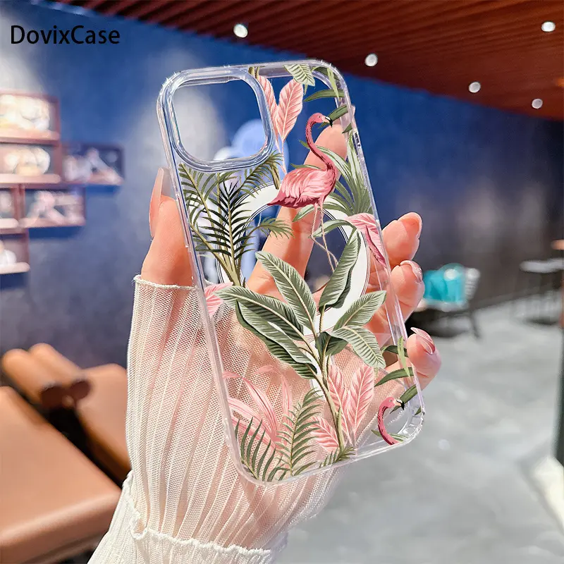 Phone Case: Pink Flamingos in Lush Tropical Palm Leaves Garden Transparent Acrylic Magnetic HD Clear Shockproof Printed Phone Case for iPhone 17 E Air Pro ProMax iPhone16 15 14 Plus 13 12 Mini 11 X XS XR Series Full Models Great Gift