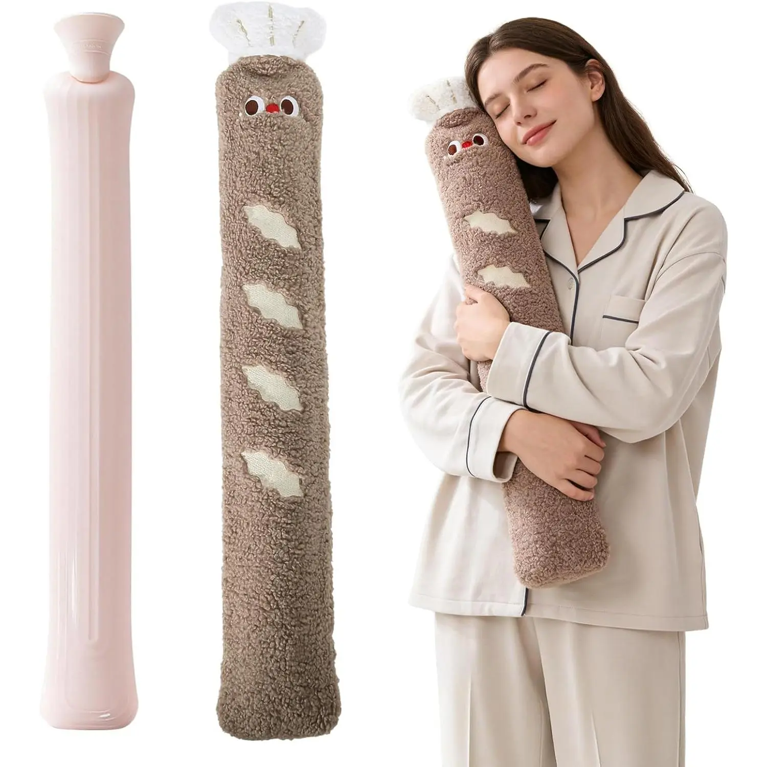 2.5L Hot Water Bottle with Adorable Plush Cover - Extra-Long Leak, Proof Design for Menstrual Pain & Muscle Relief, Reusable Hot/Cold Therapy Pack with Removable Cover (Khaki)
