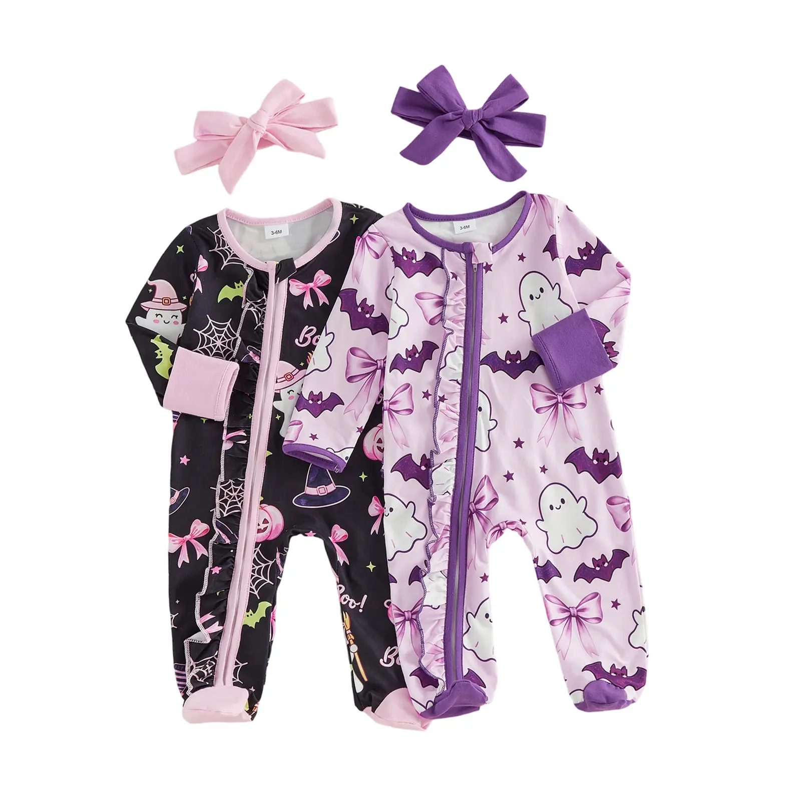 Newborn Baby Girls Halloween Footies Cute Ghost Pumpkin Print Long Sleeve Zip Front Romper with Headband 0-9 Months