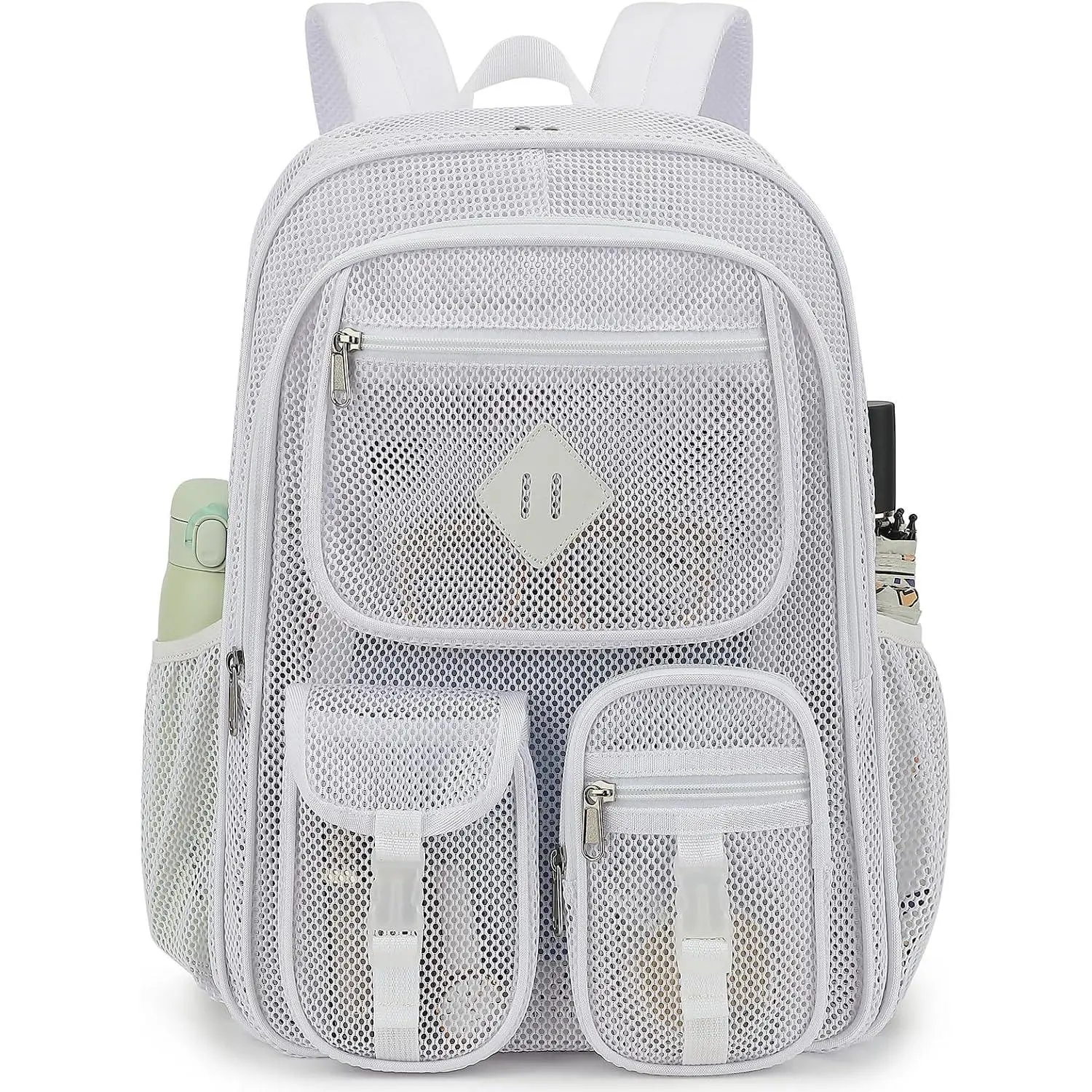 Mesh Backpack for School Girls Boys Heavy Duty See Through Mesh Bookbag for Beach, Swimming, , Work, Travel (White)