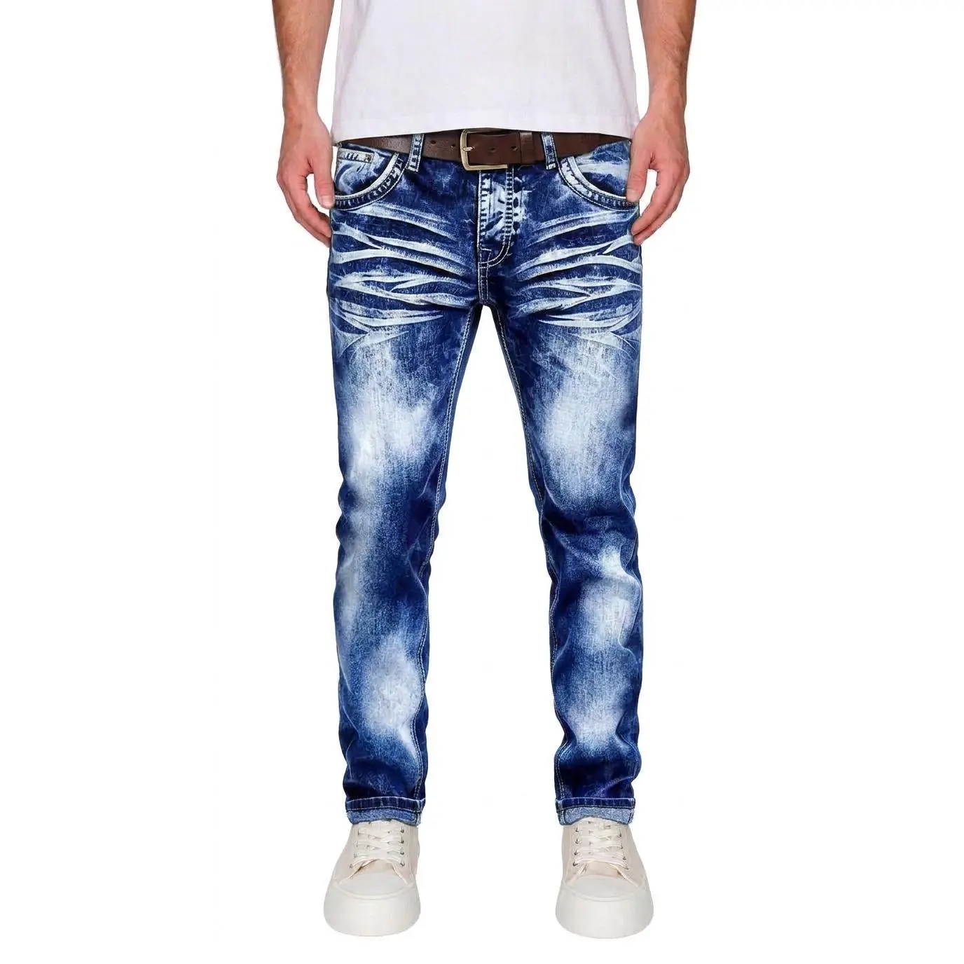 Men's Streetwear All-Over Print Stretch Denim Set - Low-Rise Straight Fit, Zip Pockets, 4-Season Casual Menswear Outfit