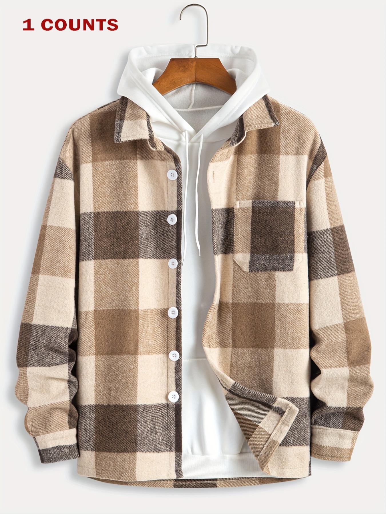 Men's Plaid Print Checked Button Front Collared Jacket without Hoodie, Loose Casual Drop Shoulder Long Sleeve Collar Outerwear for Fall & Winter, Men's Clothes for Daily Wear, Menswear