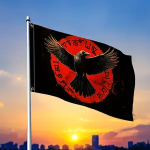 Viking Raven Norse Rune Circle Flag 2*3ft & 3*5ft, Black Background Red Sun Odin Crow Banner with Anti-Rust Metal Grommets for Man Cave, Pagan Decor, Viking Party, Outdoor Yard Wall Hanging